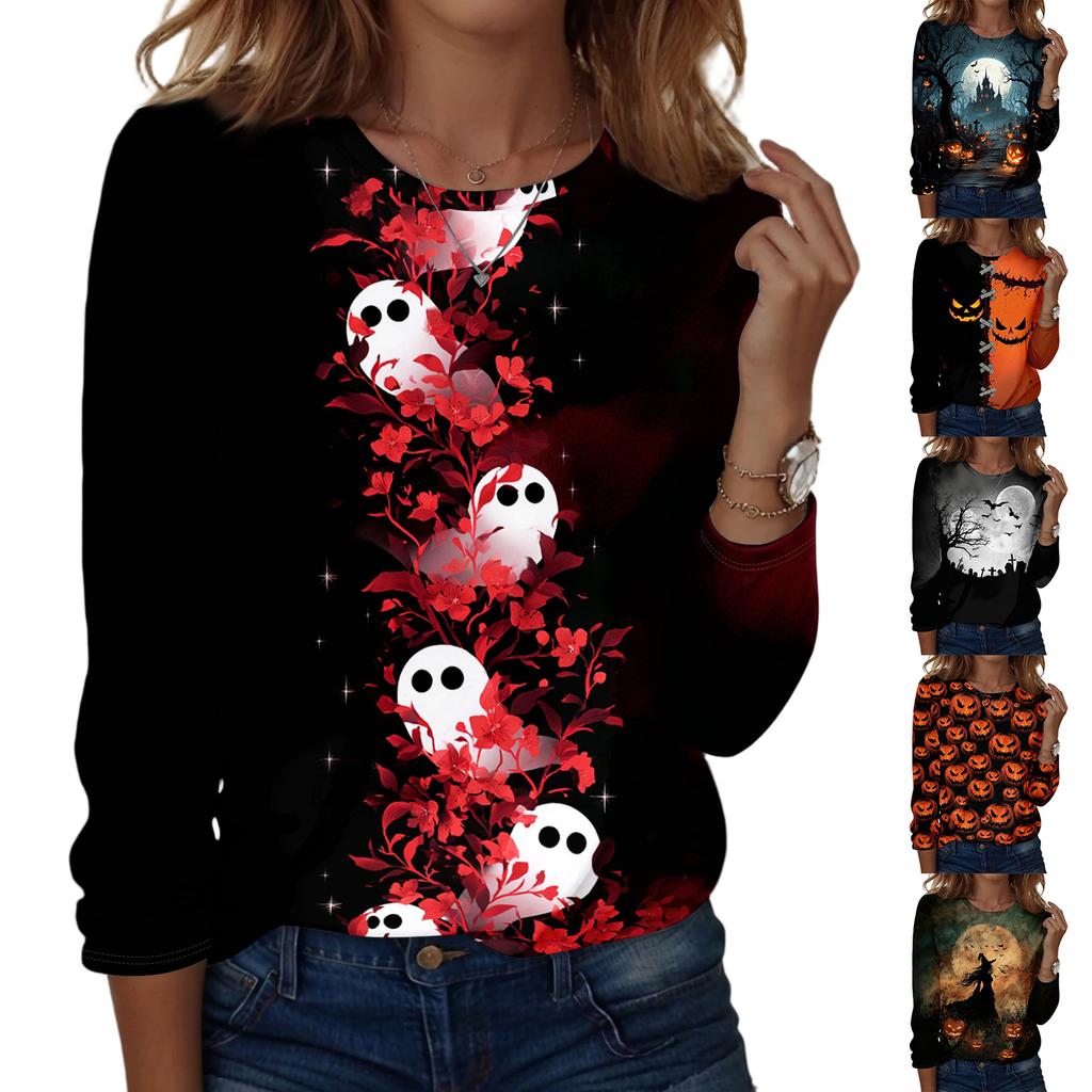 Women's Halloween Printed Crewneck Long Sleeve Pullover Sweatshirt Casual Fit Lightweight Top for Seasonal Wear