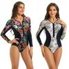 Maillot de bain une pièce imprimé à manches longues et fermeture éclair sur le devant pour femme - Vêtements de sport aquatique, surf