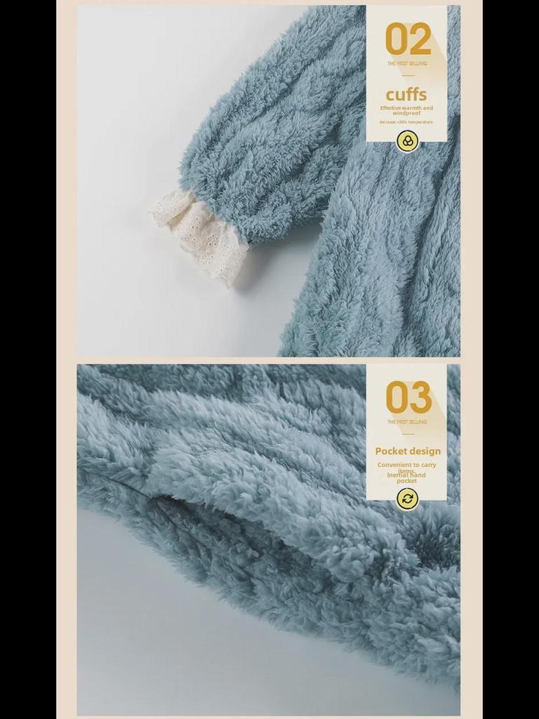 Women's Long Sleeve Fleece Nightdress - Warm, Over-the-Knee, Thick Plus Velvet Flannel, Large Size.