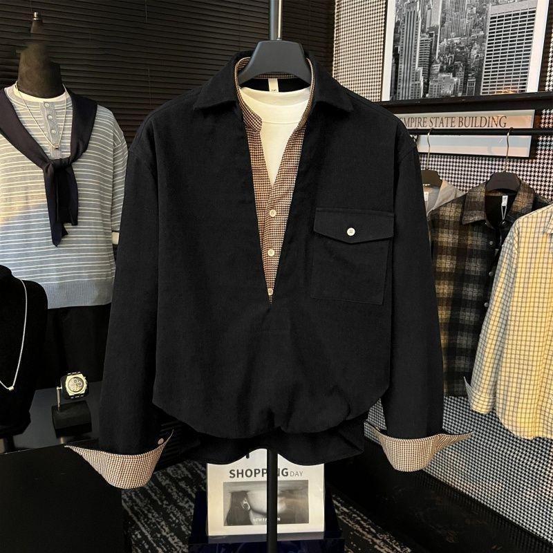 

Mens Fake Two Piece Long Sleeve Shirt Casual Button Down Shirt with Checked Patchwork Pocket S чёрный
