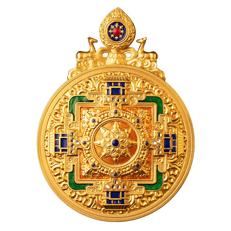 Authentic Double Deer Sutras Mandala Brass Pendant: Enamel High Relief, 3D Double-Sided Thangka Design