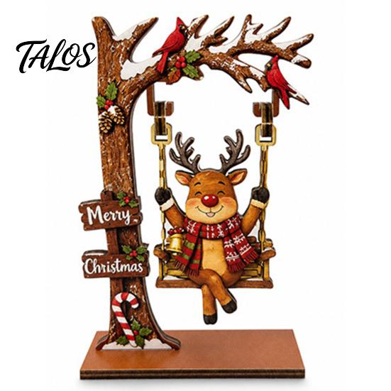 Xmas Gift for Family Christmas Wooden Ornaments, Santa Snowman Figurine with Moving Festive Fireplace Ornaments Swing, Rustic Holiday Tabletop
