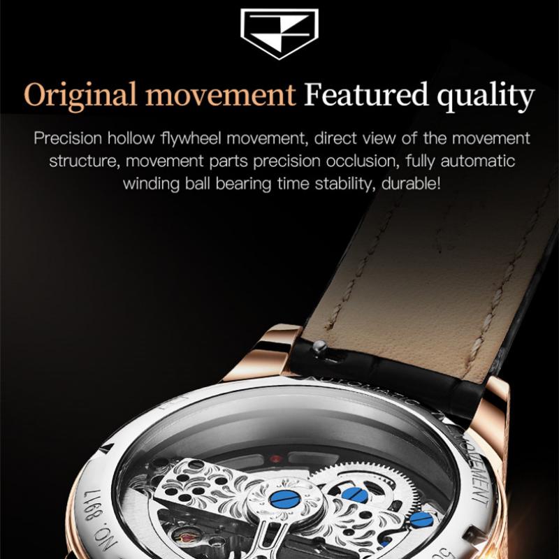 JINSHIDUN New Business and Leisure Men's Watch Fully Automatic Mechanical Watch Perspective Hollow Dial High-end Watch