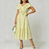 European and American large-size summer new temperament elegant V-neck ruffle edge waist medium and long dress