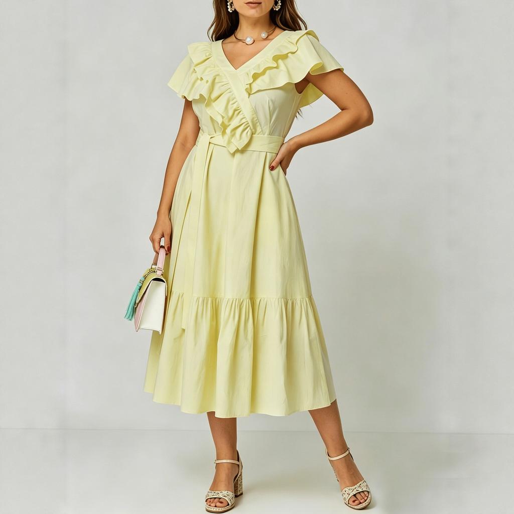 European and American large-size summer new temperament elegant V-neck ruffle edge waist medium and long dress