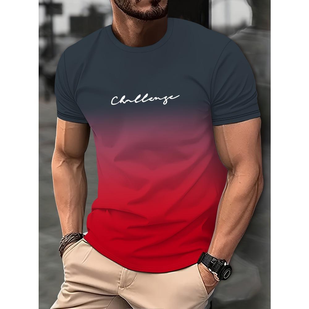 Męska koszulka z nadrukowanym napisem w gradientowych kolorach Casual T-shirt z krótkim rękawem i okrągłym dekoltem na letnie zajęcia na świeżym powietrzu Topy Odzież