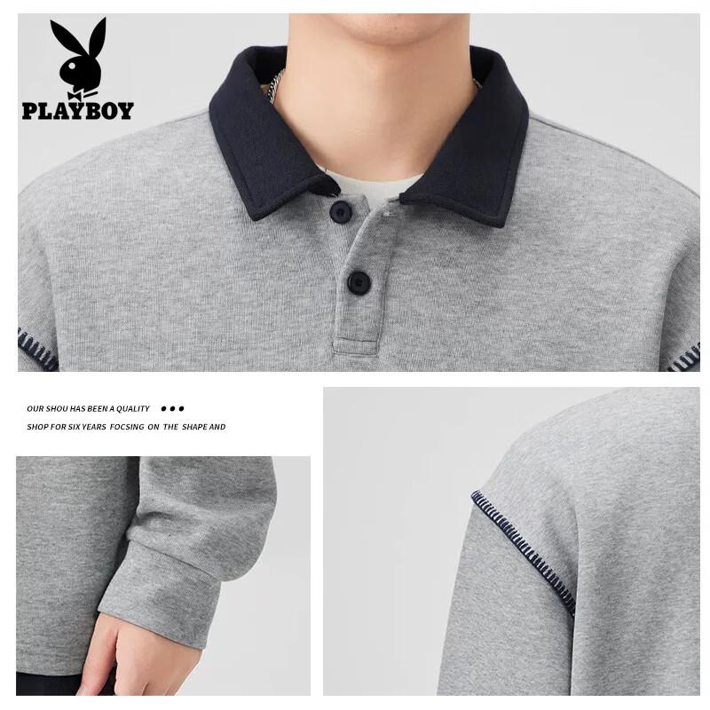 PLAYBOY Men's Long Sleeve Polo Neck Pullover Sweatshirt