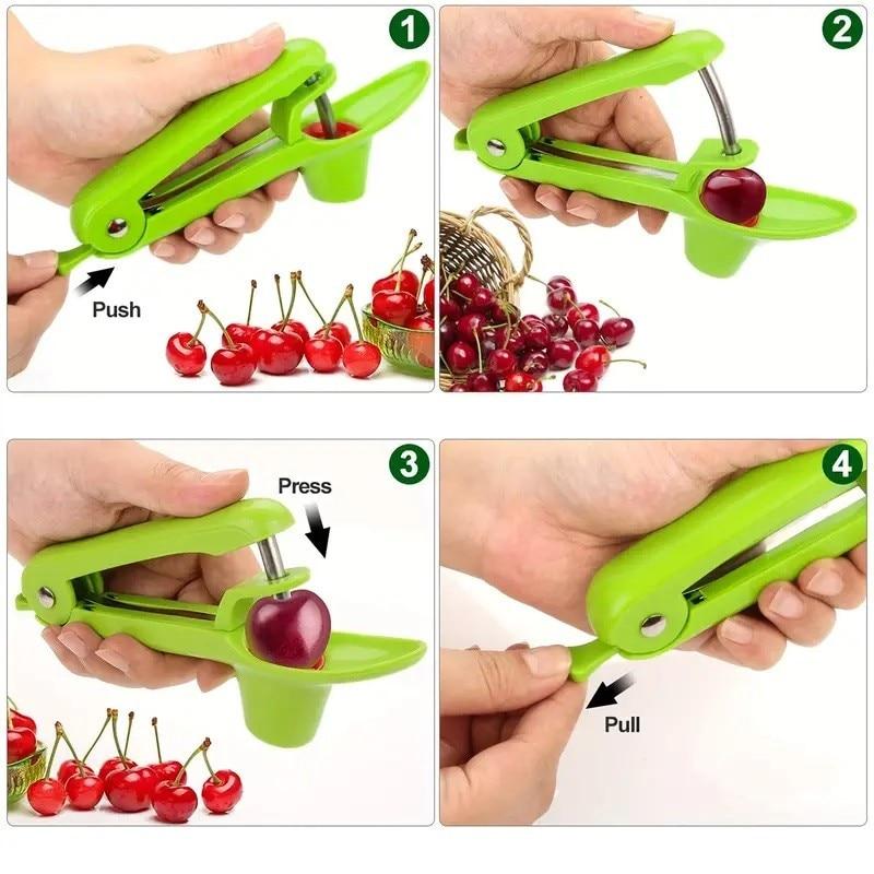 Manual Cherry Olive Pitter Single Hole Design ABS+Stainless Steel Handle Green 20.5x3.8x13cm