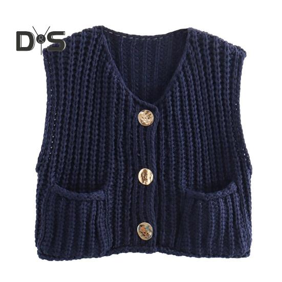 Women Sweater Vest V-neck Sleeveless Button Down Cardigan with Pockets Solid Color Loose Fit Crochet Knit Tops