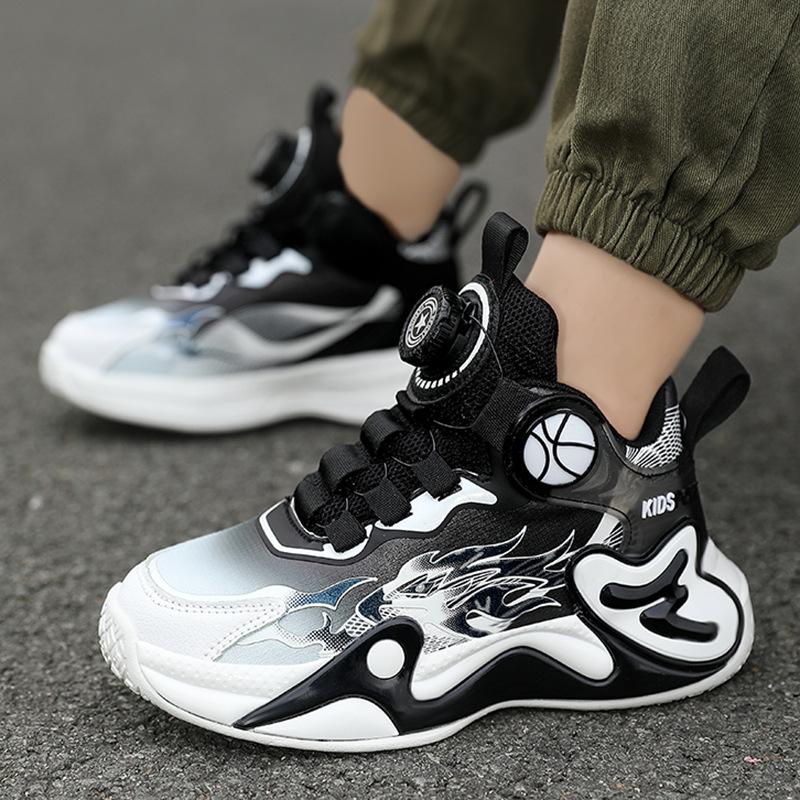 

Children s sports shoes Guochao knob buckle fly weaving autumn and winter high-top leather surface boys rotating buckle primary school students runni 40