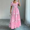 Elegant dress, floral temperament printing, European and American square collar new long dress, blue and pink.