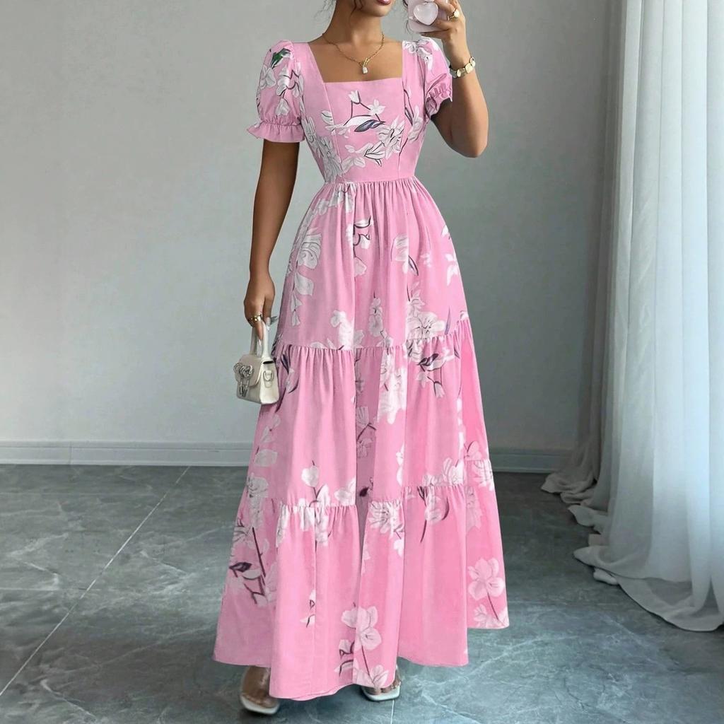 Elegant dress, floral temperament printing, European and American square collar new long dress, blue and pink.