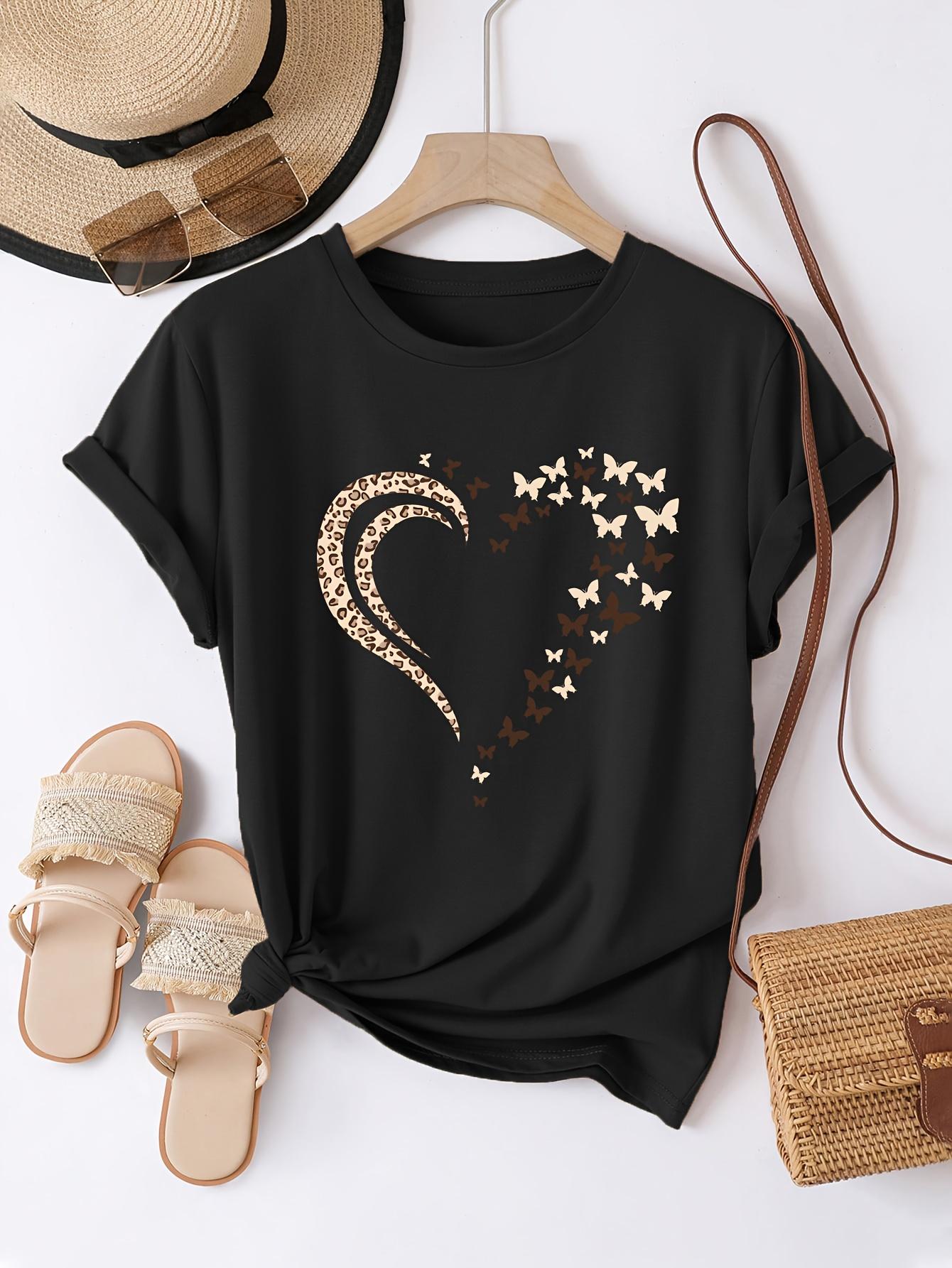 

Sleeved TShirt with Heart and Butterfly Patterns WomenS Round Sports Top for Spring and Summer Basic WomenS Ladies Apparel S