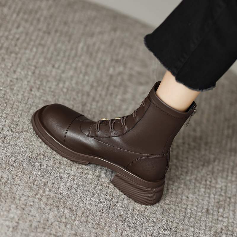 Krazing Pot Podzimní zimní boty z hovězí kůže s kulatou špičkou Kovové zapínání Silný střední podpatek Zip Chelsea Boots Dámské kotníkové boty