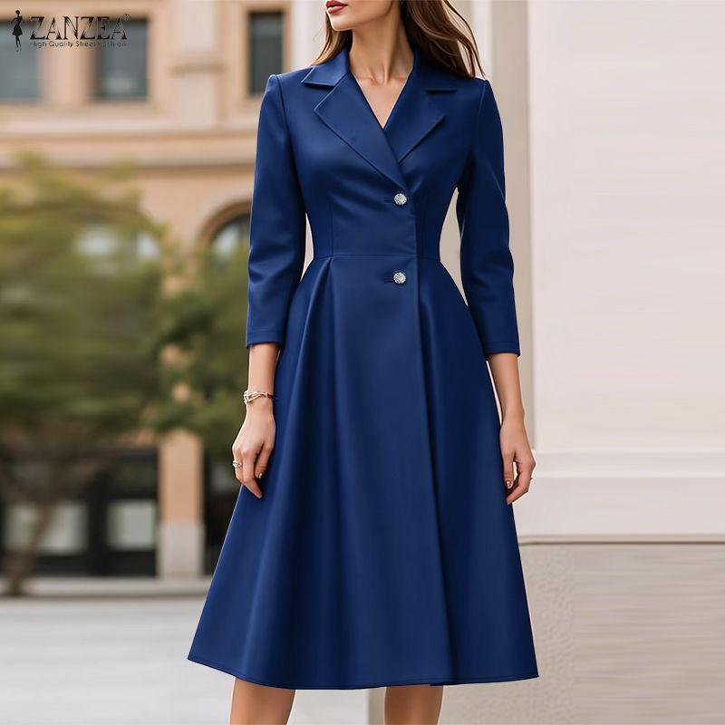 ZANZEA Women Casual Turn Down Collar 3/4 Sleeve Elegant Dress