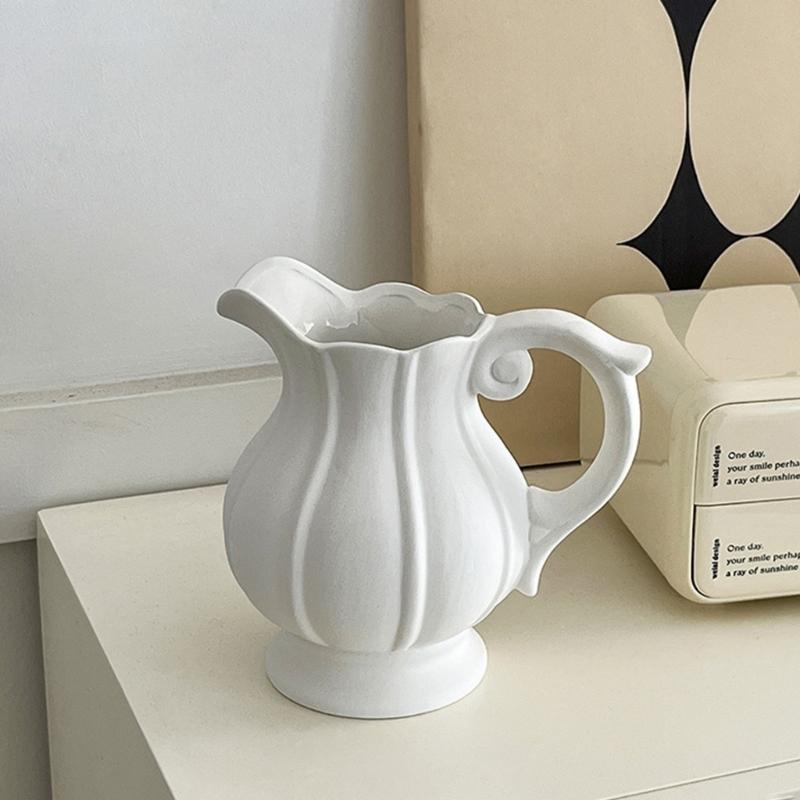 Stylish Nordic Minimalists Jugs Vases With Handle White Ceramic Flower Arrangement Pitcher Vases For Wedding Centerpieces