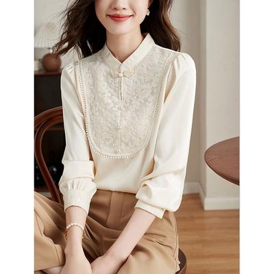 Spring Autumn Chinese Style Stand Up Collar Buckle Long Sleeved T-Shirts Women's Clothing New Style Unique Embroidery Chic Tops