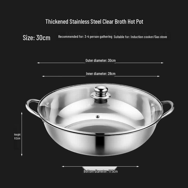 ZLIII 30cm Stainless Steel Induction Hot Pot with Glass Lid