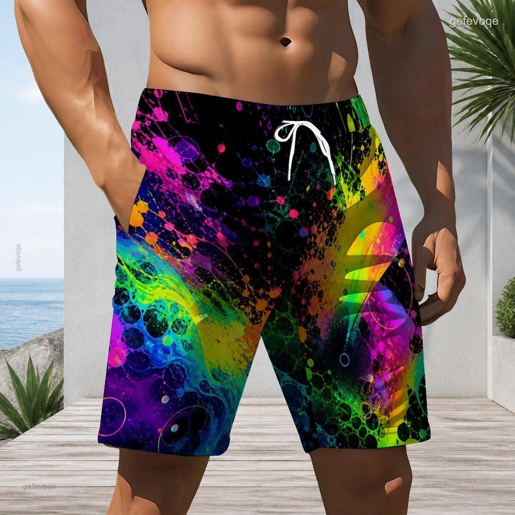 Men s Plus Size Colorful Ink Splash Printed Drawstring Waist Straight Leg Beach Shorts With Side Pockets