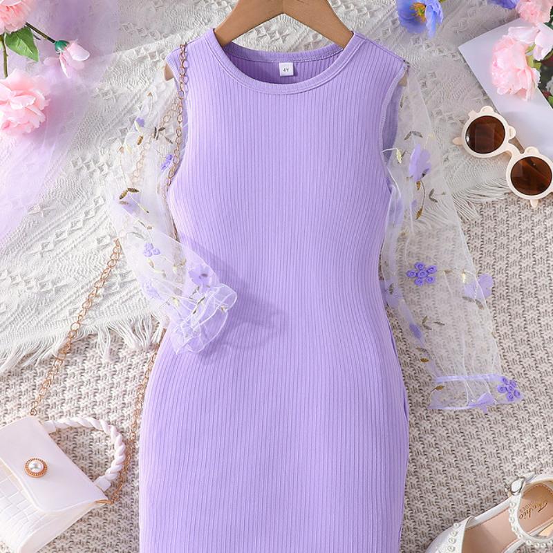 Girls Dress Spring and Autumn Children Clothing Mesh Sleeves Fashion Girl Baby Knitted Crew Neck Dresses for 4 5 6 7 Years Old