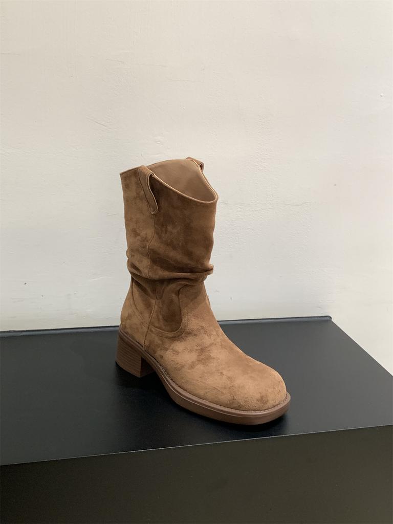 High Heel Medium Knight Boots Women's Boots 2025 New Autumn and Winter V-mouth Western Cowboy Pile Short Boots Martin Boots