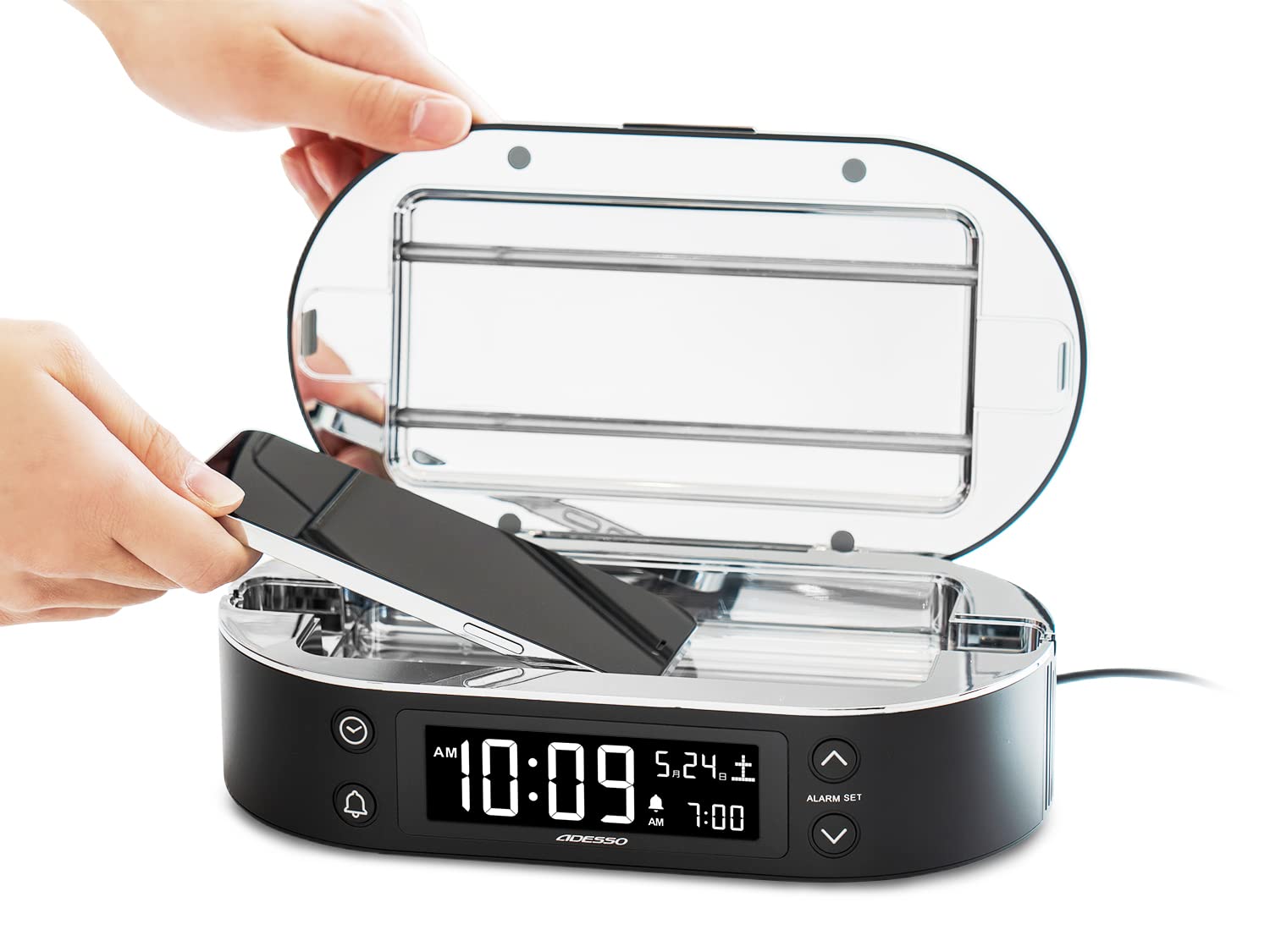 Phosh PRO Smartphone Sterilization Alarm Clock with Sterilization Adesso UV-C Light, Box, Charging, Alarm,