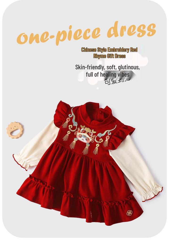 Youqi Red Princess Dress for Baby Girls' 100-Day and First Birthday Autumn Wear