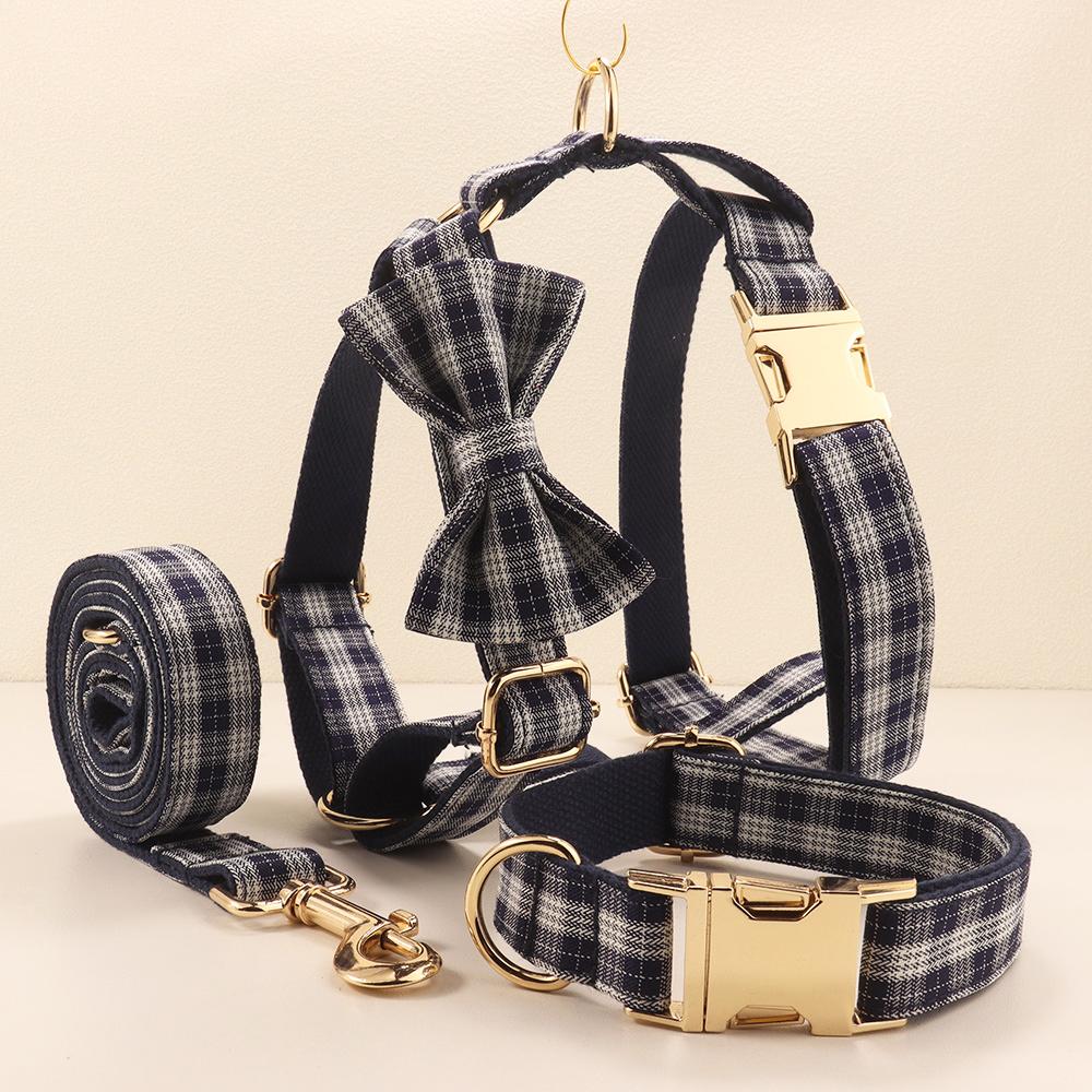 Plaid Pet Walking Harness Set with Bow Design, Adjustable Vest Collar Leash Kit for Small Dogs