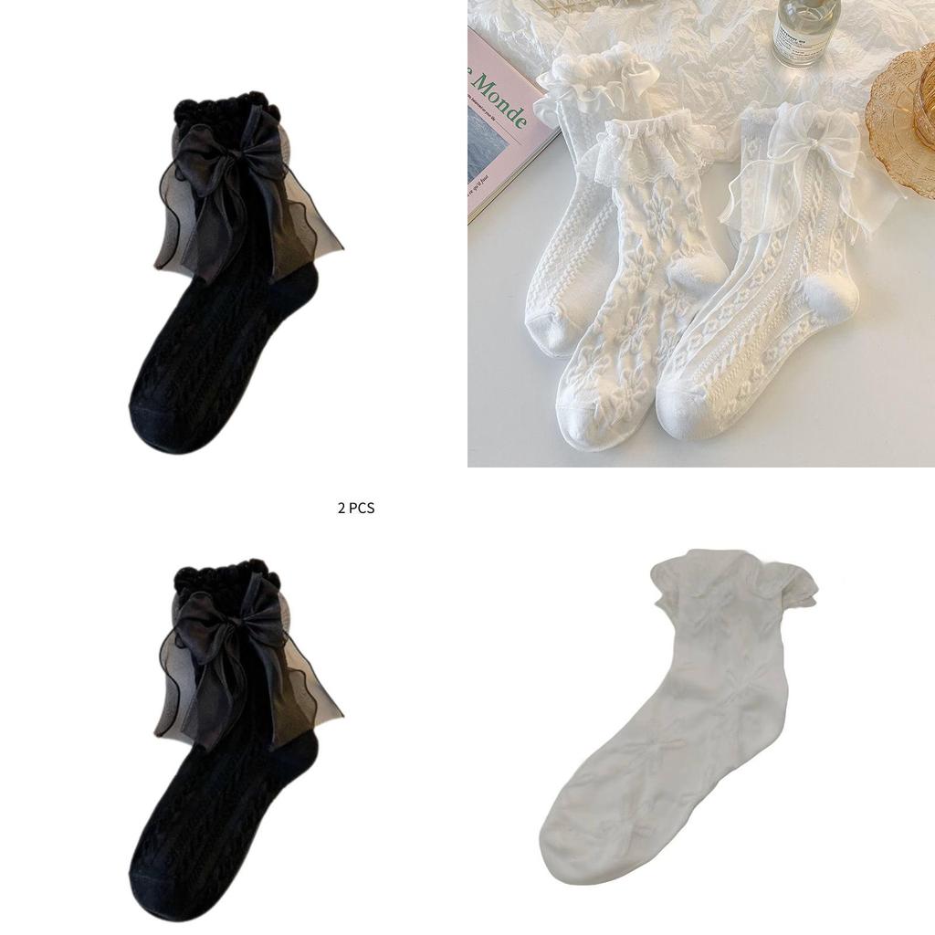 Cute White Lolita Lace Bow Princess Fairy Socks Cotton Mid-calf Odor-resistant