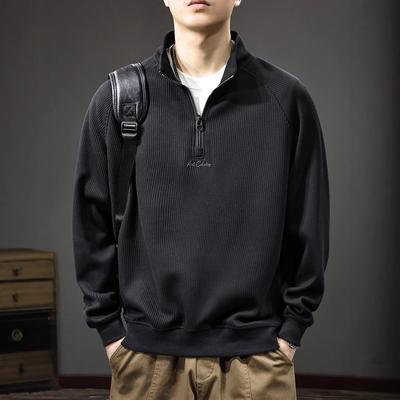 Outono Meio-Zíper Gola Alta Suéter Masculino Casual Bordado Top American Retro Camisa Polo de Manga Comprida