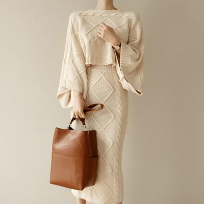 Herbst Winter Twist Pullover Gestrickte Anzüge Batwing Hülse Lose Tops + Bodycon Split Bleistift Rock 2 Stück set
