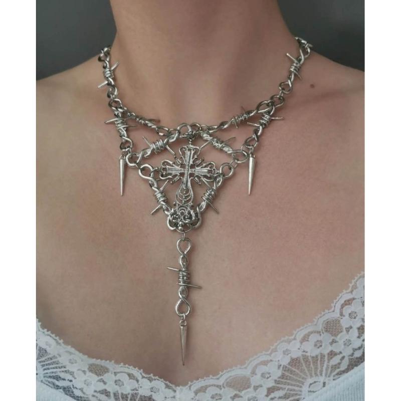 Y2k Gothic Cross Necklace for Women Men Jewelry Cross Pendant Punk Barbed Wire Thorns Metal Necklace Jewelry Ornament