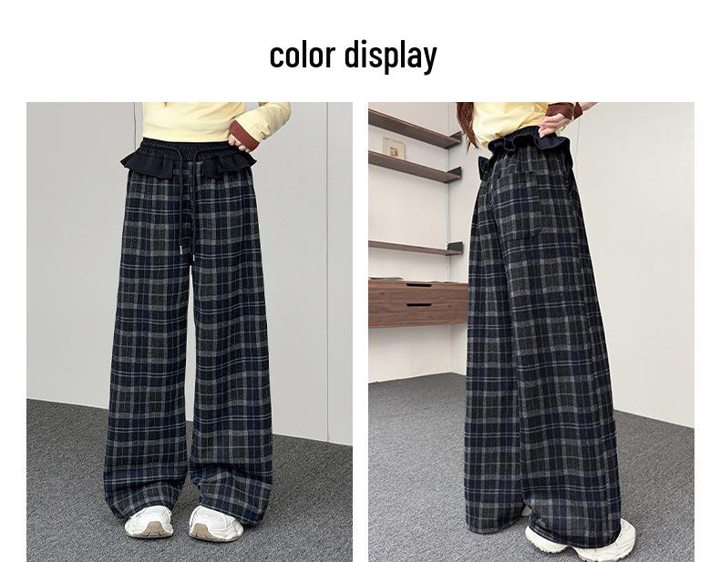 Girls' Plaid Wide-Leg Trousers with Lace Waist - Autumn 2026 Collection for Medium and Large Children.