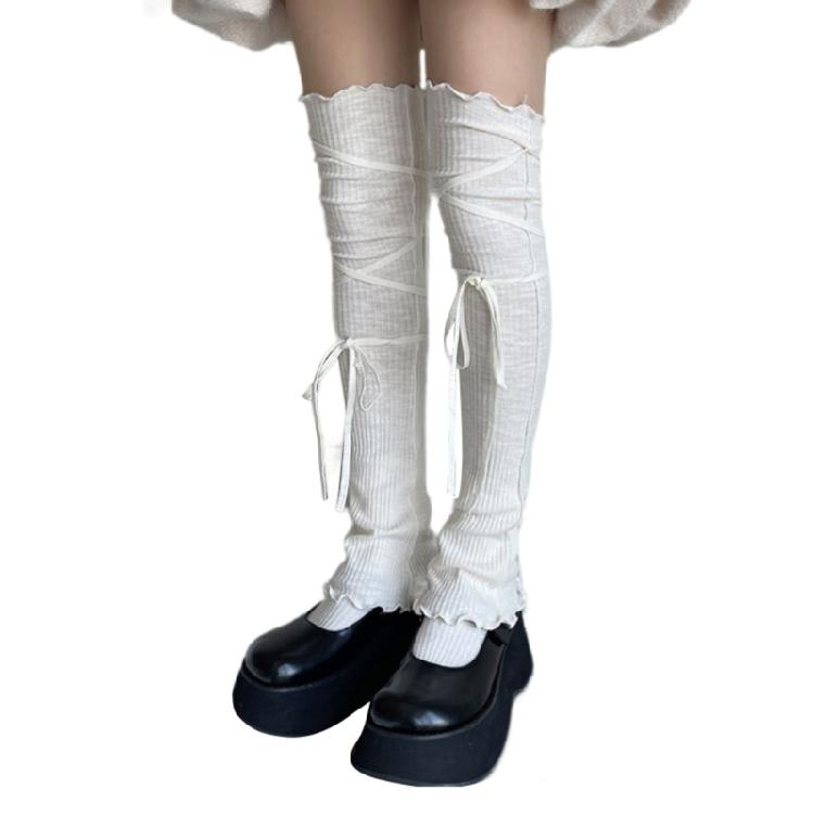 Women Japanese Ribbed Leggings Gaiters with Lace Up Bandage Aesthetic Ruffle Trim Thigh High Leg Warmers Footless Socks