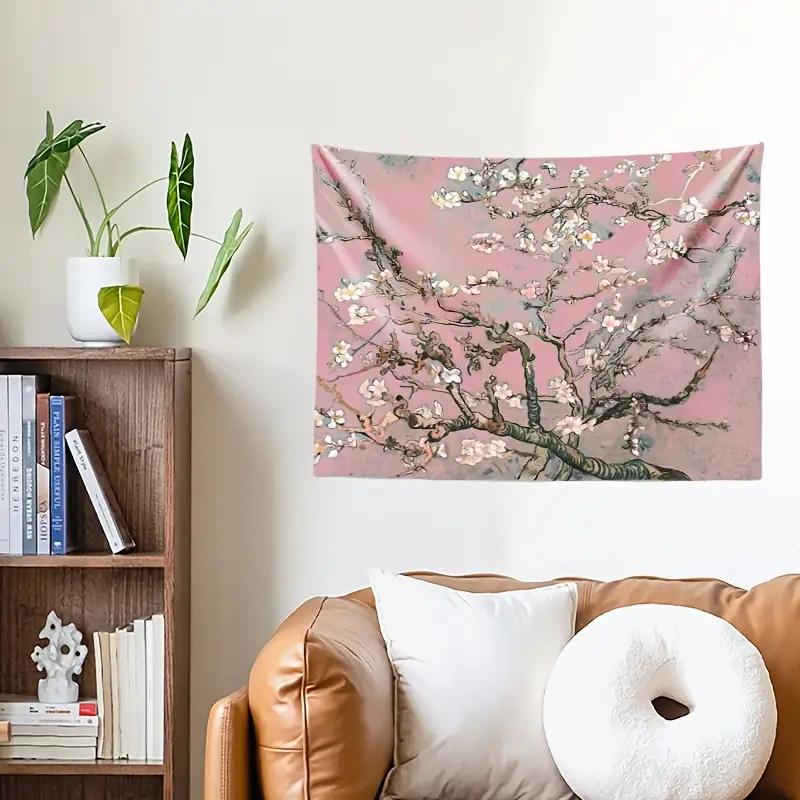 Van Gogh Style Pink Floral Tapestry, Almond Blossom Inspired Polyester Wall Art For Living Room Bedroom, Ideal Holiday Gift