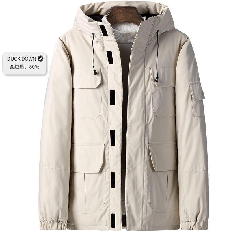 Mens Mid-Length Hooded Down Jacket 75% White Duck Warm Winter Coat Loose Fit Workwear Style