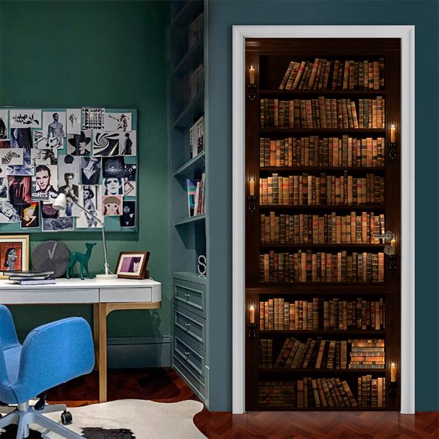 

3D Vintage Книжкова полиця Наклейки на двері Бібліотека Книжкова шафа Домашня спальня Наклейка на шпалери Знімний водонепроникний самоклеючий плакат Фреска 90x200cm