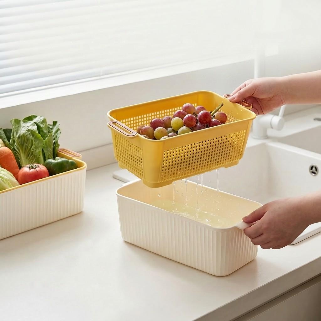 1/2/4PCS Fridge Double Layer Fruit Vegetable Storage Box Stackable Kitchen Organizer Plastic Drain Storage Basket With Handle