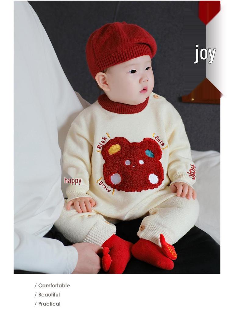 Slavnostní červená novorozenecká kombinéza - Podzimní/zimní svetrový overal