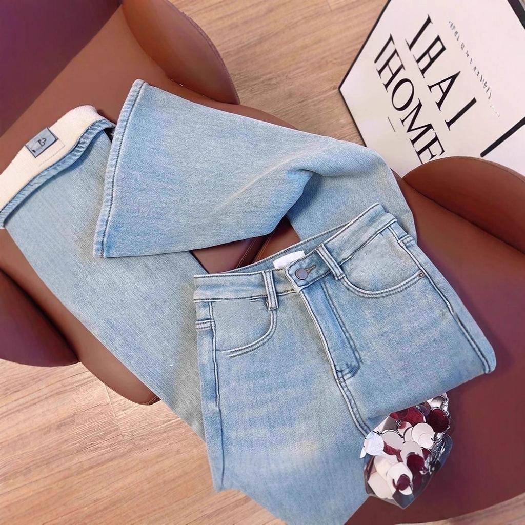 Women's High Waist Micro Flare Jeans Slim Fleece Lined Light Wash Denim Pants Vintage Warm Winter Horseshoe Long Trousers