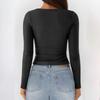 Women's Fashionable Color Square Neck Knitted Thread Single Button Slim Fit Long Sleeved Top