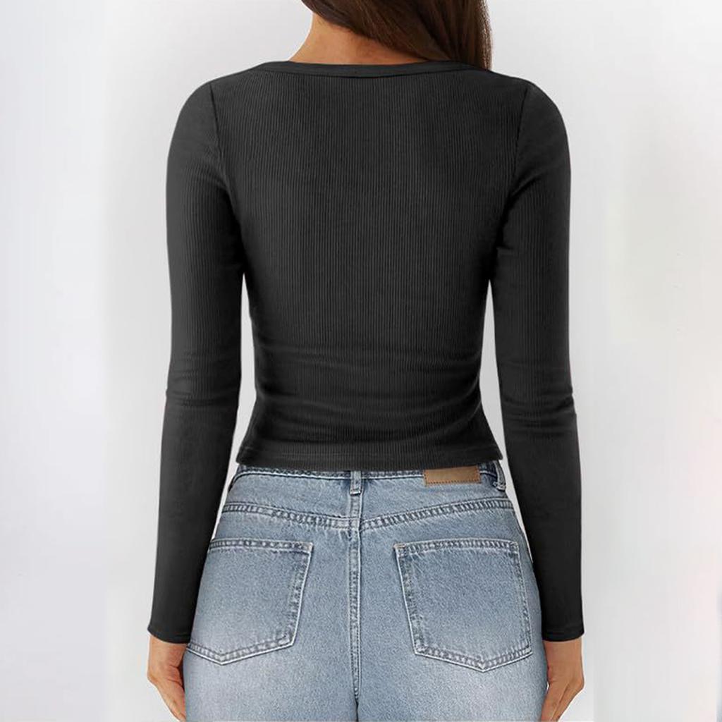 Women's Fashionable Color Square Neck Knitted Thread Single Button Slim Fit Long Sleeved Top