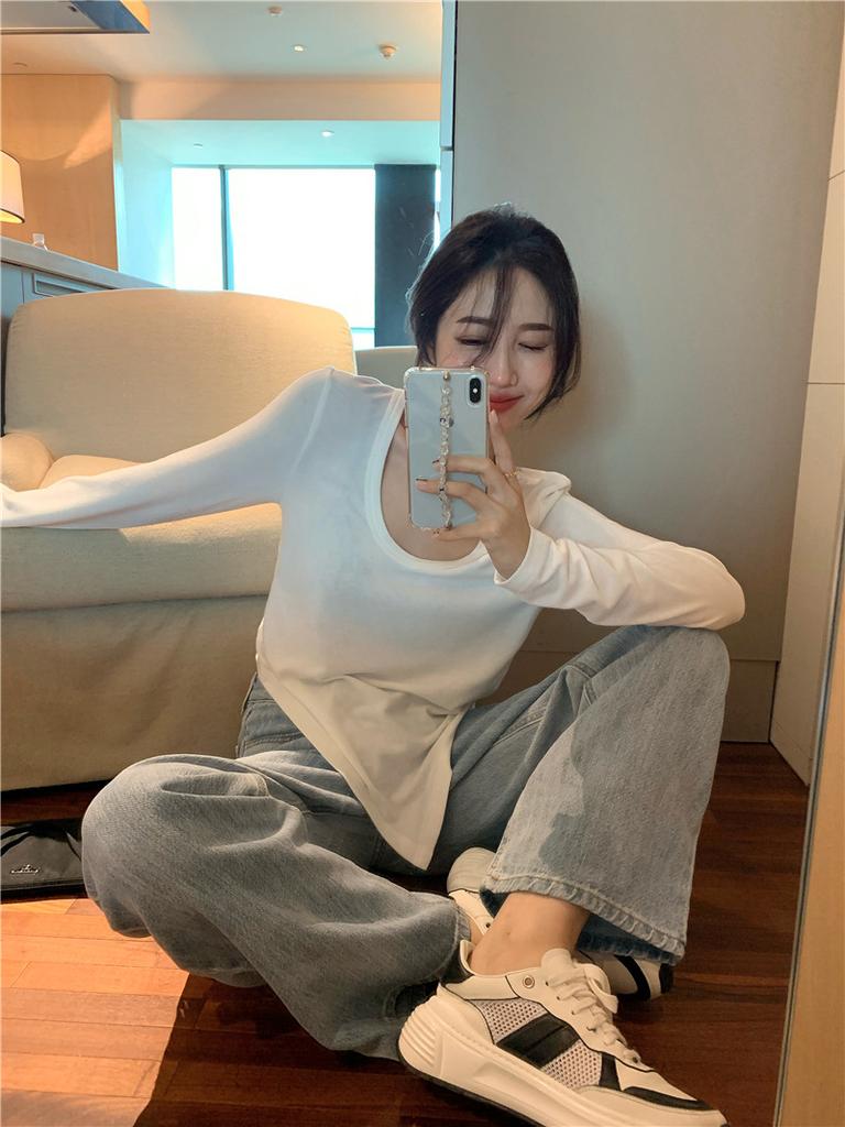 Irregular White Slim Long Sleeved T-Shirt Women'S Autumn Dress New Design Sense Students Wear A Bottoming Shirt Top