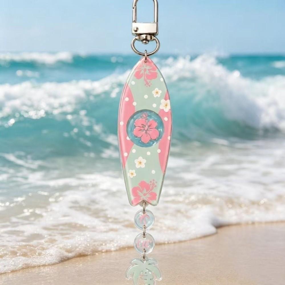 Hawaiian Surfboard Shaped Keychain Acrylic Palm Tree Keychain Creative Hibiscus Key Rings Beach