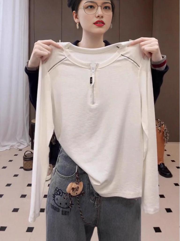 Women's Korean-Style White Half-Zip Long-Sleeve T-Shirt - 2025 Autumn, Loose Fit & Slimming