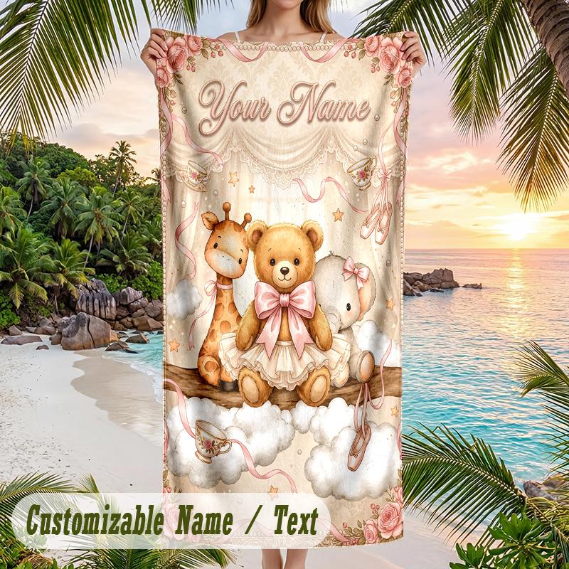 Teddy Bear Theme Beach Towel Personalized Custom Name & Text Soft Quick Dry Beach Towel for Swimming Travel