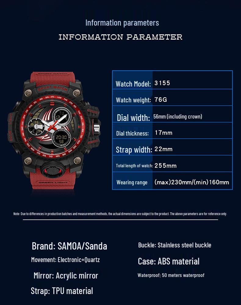 SANDA Men's Multi-function Dual Display Waterproof Sports Alarm Watch