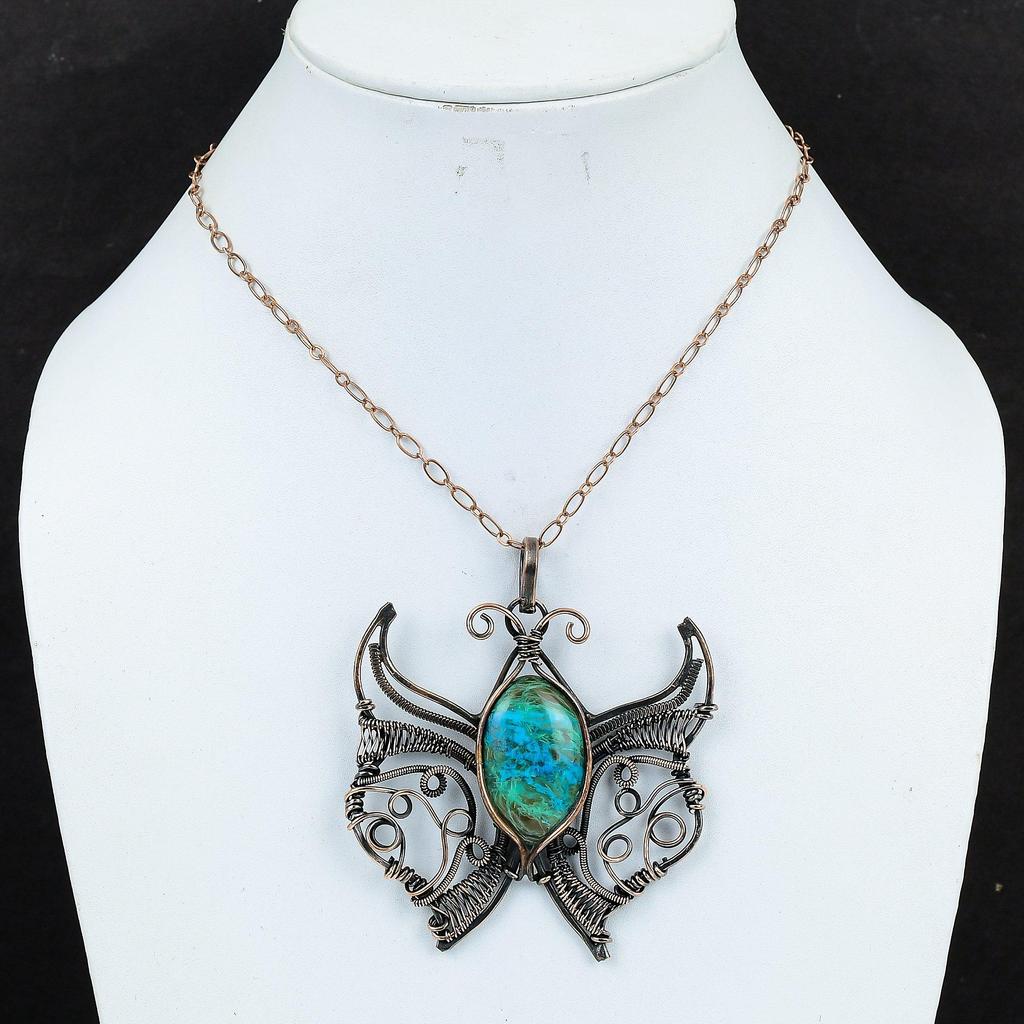 Chrysokoll Anhänger Kupferdraht umwickelter Schmetterlingsanhänger Edelsteinanhänger Drahtwickelschmuck Handgefertigter Anhänger Kupferschmuck Hochzeitsgeschenke
