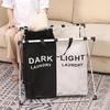 Foldable Aluminum Frame Double Compartment Laundry Basket with Handles 