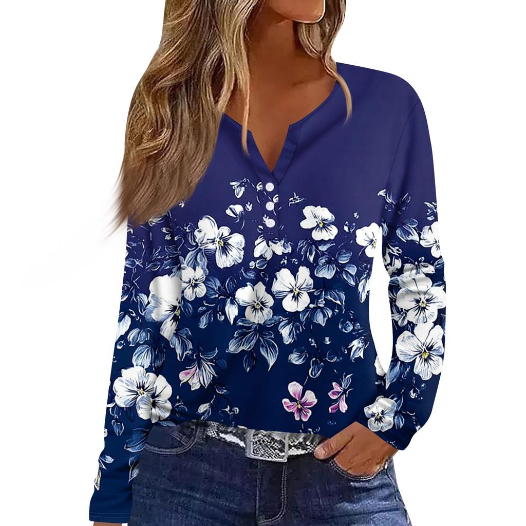 Women's Fashion Casual Floral Print V Neck Long Sleeved Button Up T Shirt Top Long Sleeved Top